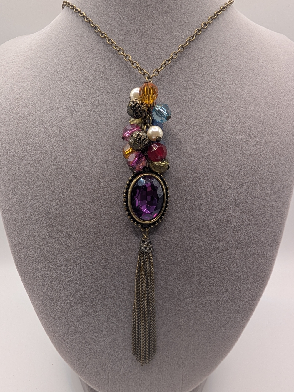 Vintage Avon NRT Multicolor Beaded Purple Pendant Tassel Statement Necklace